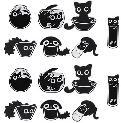 14 Stück Anstecker Pin, Schwarze Katzen Emaille Anstecknadeln Pins Tier Brosche Niedliche Cartoon Katze Abzeichen für Männer Frauen
