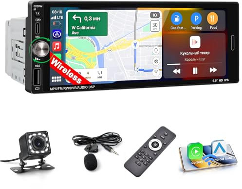 Inefala Autoradio mit Bildschirm 1 Din Unterstützung drahtlosem CarPlay und Android Auto 6,9 Zoll Auto Radio Touch Display mit Bluetooth, Mirror Link FM SWC EQ, Typ C Schnellladung, Rückfahrkamera