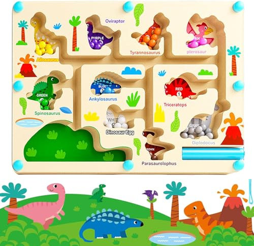 Magnetspiel Labyrinth Dinosaurier Magnetic Spiel Hölzernem ab 3 Jahre Pädagogisches Lern Zahlen Farben Lernen Sortierspiel Dinosaurier Magnetspiel für Kinder Labyrinth Puzzles Geschenke für Kinder