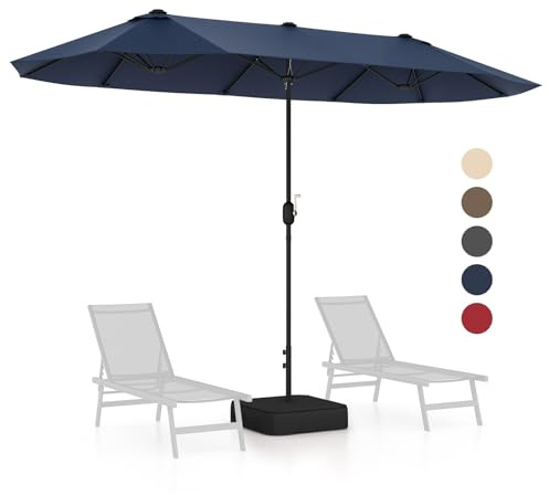 GOPLUS Grand Parasol de Jardin Exterieur avec Pied, 4M Parasol Rectangulaire Double Face pour 6 Personnes, avec Manivelle et Ventilation, pour Marché, Piscine, Terrasse, Balcon (Bleu)