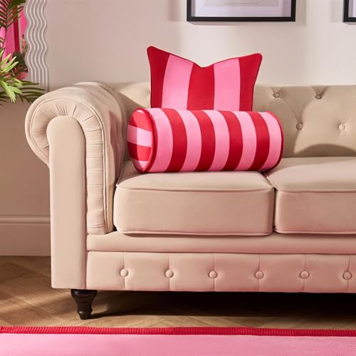 OHS Round Bolster Pillow Matte Velvet Stripe Pillow Cushion Soft Neck Pillows Support for Sleeping Armrest Yoga Bolster Cushion for Sofa Bed, Pink/Red - 46 x 20cm