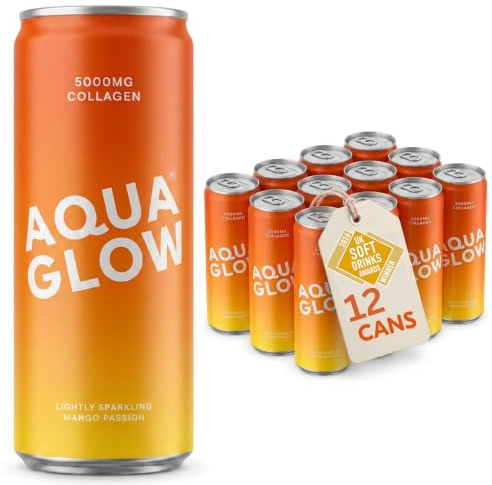 AQUA GLOW Mango Passion Sparkling Collagen Drink, 5000mg VERISOL, 12x 250ml | VERISOL bovine collagen, biotin, zinc, vitamin C & B complex, low sugar, gluten free, caffeine free