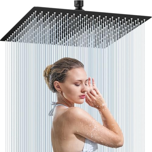Moshiqgaol Tête de Douche Carré en Acier Inoxydable 30 x 30CM, Pommeau de Douche Haute Pression avec 144 Buses en Silicone Anti-Calcaire, Rotation 360°, Économiseur d'Eau, Installation Facile(noir)