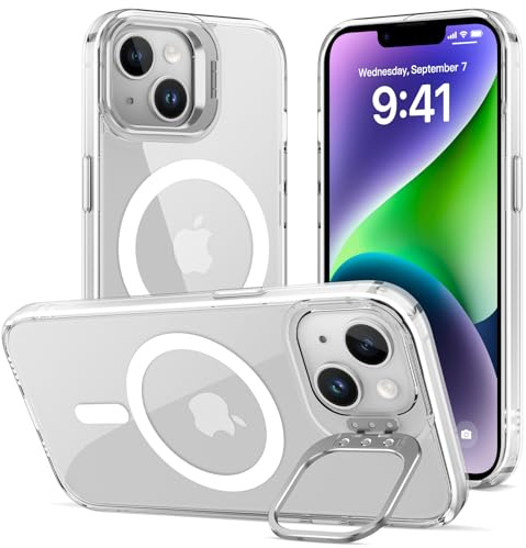 Cover Magnetica per iPhone 13/14 con Cavalletto, Compatibile con Magsafe, Supporto per la Fotocamera Integrato Custodia, Militare Antiurto Sottile Protettiva Traslucida Glassata Case, Trasparente