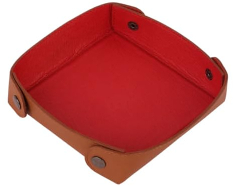 WASAMA Leather Valet Tray | Full Grain Leather Organiser with Corner Button Design | Square Catchall Tray for Keys, Wallet, Coins, Jewellery (Tan-Red)