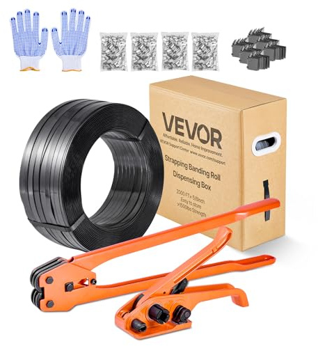 VEVOR Juego de Flejes Manuales Banda PET 15,9 mm x 610 m, Kit de Herramientas de Flejado con Tensor, Selladora, Guante, 600 Hebillas Metálicas, 200 Esquinas Protectoras, para Empaquetado Transporte