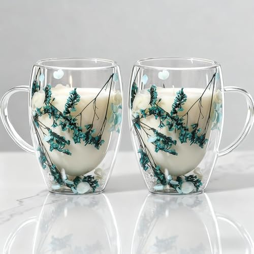 Lxoraziy Lot de 2 Tasses à Café en Verre Double Paroi 350 ml, Verre Borosilicate Résistant à la Chaleur avec Fleurs Séchées, Tasses Isolantes Thé Latte(Série Bleue)
