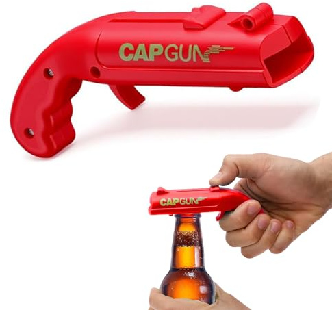 Abrebotellas de Cerveza con Forma de Pistola, Abridor de Botellas Lanzador de Chapas, Gadget Original para Fiestas y Bar, Regalo Divertido para Hombres, Color Rojo