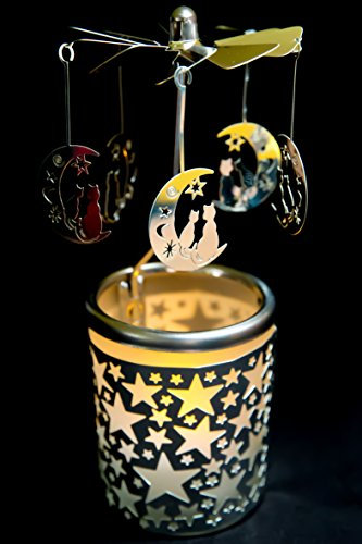 Pyramide/Rondell Silber Teelichtglas im Geschenkkarton Set inkl. Glitzerstern (Mond mit Katze)