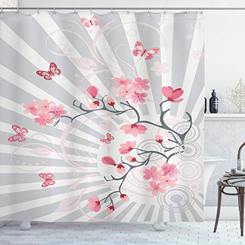ABAKUHAUS Blumen Duschvorhang, Vögel auf Kirschbaum, Stoffliches Gewebe Badezimmerdekorationsset mit Haken, 175 x 180 cm, Pale Grau Rosa