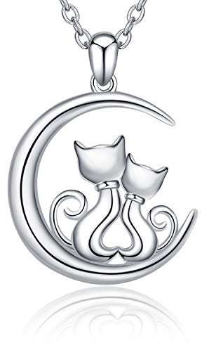 YAFEINI Katze Kette 925 Sterling Silber Katze Mond Anhänger Halskette Katze Schmuck Geschenke für Damen Mama Tochter