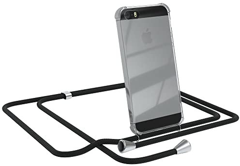 EAZY CASE Handykette kompatibel mit iPhone 5 / 5S / SE (2016) Handyhülle mit Umhängeband, Handykordel mit Schutzhülle, Silikonhülle, mit Band, Stylische Kette mit Hülle für Smartphone, Schwarz