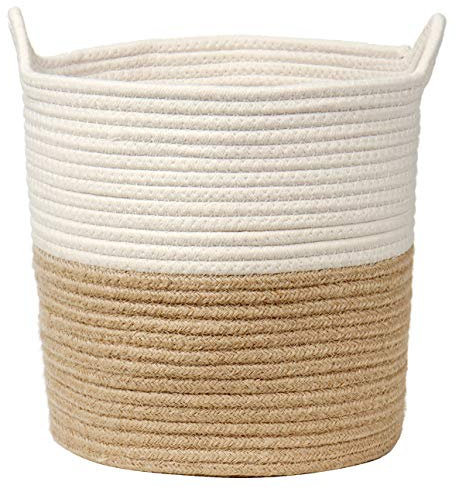Wäschekorb Aufbewahrungskorb aus Baumwolle Seil Wäschesammler Geflochten Korb Baby Spielzeug-Aufbewahrungsbehälter mit Griff für Wohnzimmer Kinderzimmer Badzimmer 28x28CM