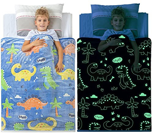 Snooze Bliss Im Dunkeln leuchtende Dinosaurier-Decke für Jungen – weiche Plüsch-Fleece-Überwurfdecke. Tolle Dinosaurier-Geschenke für Babys, Kleinkinder, Geburtstage! 8+ Stunden Glanz. Blau, (50X60)