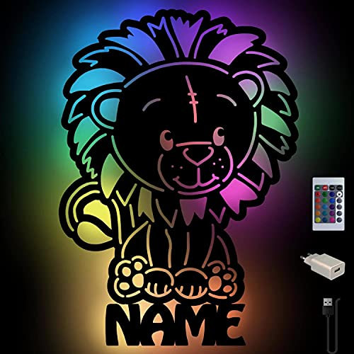 Löwe Farbwechsel Wand-Lampe Nachtlicht Baby-Geschenke mit Namen Schlummerlicht Holz Licht für Kinder I USB + Fernbedienung