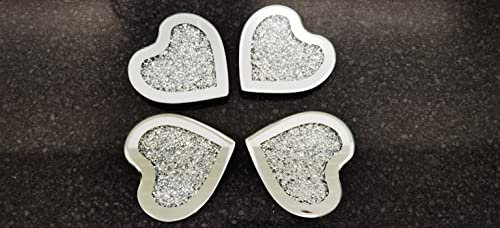 Biznest New Heart Shaped Coaster Set Of 4 Mirror Full Crushed Jewel Diamante Diamond Glass Cup Mat Gift Set