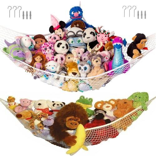 2Pcs Large Teddy Bear Hammock - Toy Storage Net Organiser for Stuffed Animals - Elastic Quality Wall Net for Soft Toys