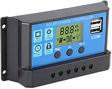 30A Solar Charge Controller,12V/ 24V Solar Panel Charge Controller,Timer Setting PWM Auto Parameter,Intelligent Regulator with 5V Dual USB Port Display Adjustable Parameter LCD Display