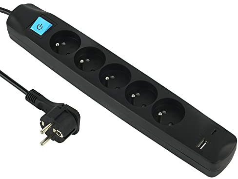 Electraline 35615 Bloc Multiprise 5 Prises Françaises + 2 USB 3.4A 17W A + 1 Type C, avec Interrupteur on/Off, Fiche Extra Plate 90° 16A, Câble 1.5M, Noir