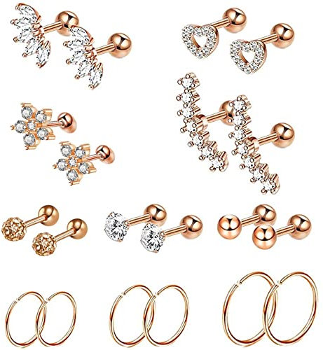 Homxi 20Piece Piercing Nez,16G Anneau Nez Piercing 1.2mm Piercing Nez Femme Acier Chirurgical Coeur Fleur Rond avec Zircon Cubique Piercing Langue Or Rose