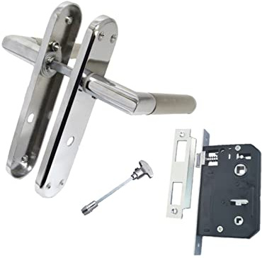 Haven Heritage Door Handles Lever Latch Satin Nickel & Chrome Dual Finish Mitred Modern Back Plate 179x 40mm Sold in Pairs (Bathroom Handle Set x 1)