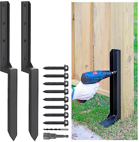 Epcee Heavy Duty Steel Fence Post Repair Stakes, Anchor Ground Spike for Repairing Tilted/Broken Wood Fence (2 Pack/Black)