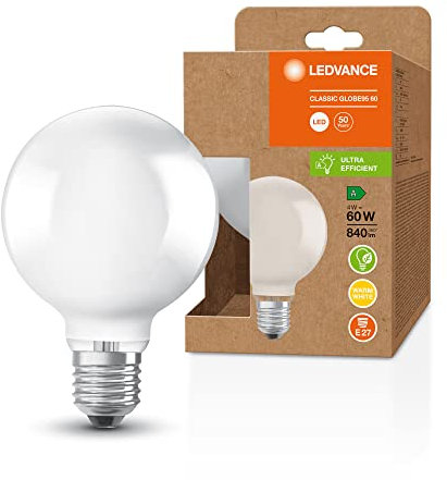 LEDVANCE LED Stromsparlampe, Matte Globe mit E27 Sockel, Warmweiß (3000K), 4 Watt, ersetzt herkömmliche 60W-Leuchtmittel, besonders hohe Energieeffizienz und stromsparend, 1er-Pack