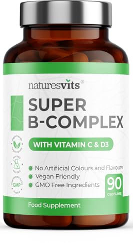 High Strength Vitamin B Complex, 90 Capsules - Contains Vitamin C and D, Folic Acid, Biotin, Thiamine, Riboflavin, Niacin, Pantothenic Acid and More - Supplements for Fatigue