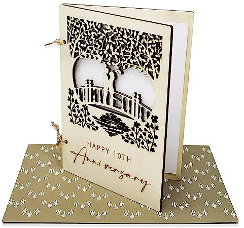 Wooden Anniversary Card with Loving Couple on a Bridge Detailed Carving (10 Year Anniversary)