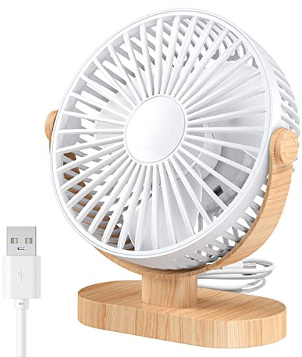 WASAGA Mini ventilateur de bureau USB 6,5 à 3 vitesses - Portable - Avec double réglage à 360° et fonctionnement silencieux (structure en bois blanc)