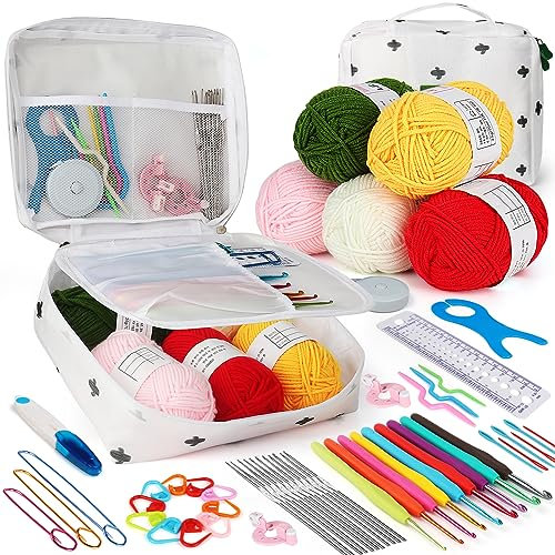 Aeeque Häkelset für Anfänger, Ergonomische Häkeln Set Erwachsene mit Häkelgarn, TPR Häkelnadeln, Häkeltasche, Metall Häkelnadel, Bunte Crochet Sets für Decken, Socken, Pullover, Schal (Weiß)
