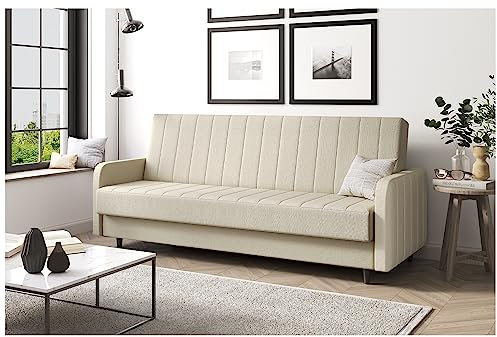 MEBLINI Sofa mit Schlaffunktion - Schlafcouch Ausziehbar - Schlafsofa mit Bettkasten - Sofabett - Couch mit Schlaffunktion - Klappsofa - Andres 3-220x87x93cm - Creme Webstoff