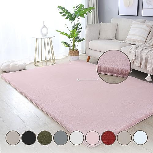 HomebyHome Teppich Wohnzimmer 140x200 cm Rosa Waschbarer Hochflor Flauschiger Teppiche Einfarbig Moderne Design - Küchenteppich Waschbar Shaggy Extra Weich Teppich für Schlafzimmer Kinderzimmer