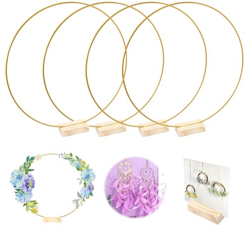 Metallring Mit Fuß 30cm, 4 Stück Metallringe zum Basteln mit Stände, Dekoring mit Fuß Deko Ring mit Ständer Dekoringe zum Hängen, mit Holzständern, für Tischdeko Hochzeit Weihnachten Weihnachtskranz