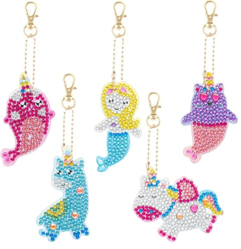AUAUY 5pcs DIY Diamond Art Painting Schlüsselanhänger Set, 5D Strass | Diamant Malerei Schlüsselanhänger, Anhänger Kunsthandwerk, für Weihnachten Kindergeburtstag, Mädchen Geschenke