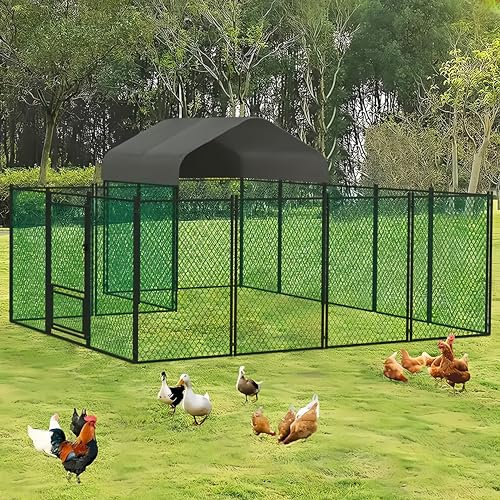 BingoPaw Hühnerstall mit Auslauf und Dach, 10 m² Hühnergehege Kleintierstall 400x300x150 cm, wetterfestes Freilaufgehege mit Sicherheitsschloss, Nylonnetz & verzinktem Stahlrahmen für draußen