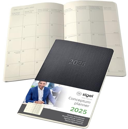 SIGEL C2584 Monats-Kalenderheft Monatsplaner 2025, ca. A5, schwarz, Softcover, 2 Seiten = 1 Monat, 64 Seiten, Quickpocket, aus nachhaltigem Papier, Conceptum
