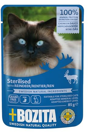 Bozita Sterilised Nassfutter Häppchen in Sauce mit Rentier - 12x85g Portionsbeutel getreidefreies & weizenfreies Futter für Katzen - Katzen Nassfutter mit 8,5% Protein & 3,5% Fettgehalt