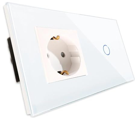 PULSAR Touch Lichtschalter/Steckdose Unterputz 2-Fach Glas Weiß | Touch Lichtschalter mit Steckdose Unterputz 2 Fach Glas Weiß - Sensor Schalter 230V ohne Neutralleiter mit Wandsteckdose