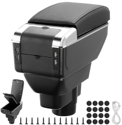 GEARCELL Car Armrest Storage Box with 7 USB Charging Ports fit for Vauxhall Corsa D 2006-2014, Double Layer Central Console Storage Box, PU Leather Storage Armrest Box(Black)