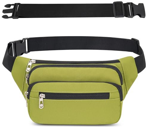 Marsupio per Uomo Donna Sportivo Unisex con Cintura Regolabile Estesa 60 cm e 4 Tasche con Cerniera Marsupi Impermeabile per Outdoor Passeggiate Escursionismo Trekking Ciclismo Viaggio (Verde)