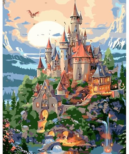 JATOK Malen Nach Zahlen Erwachsene, Paint by Numbers Malen Nach Zahlen, DIY Burg mit Pinseln und Acrylfarben Handgemalt Ölgemälde Leinwand für Home Decor, Ohne Rahmen (40x50cm)