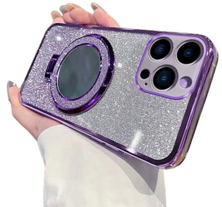 IMEIKONST Glitter Case for iPhone 11 Pro Max, Plated Flash Shell Makeup Mirror Ring Stand Function Camera Protector Shockproof Transparent TPU Cover for iPhone 11 Pro Max. Purple DSJ