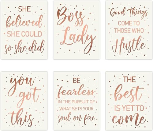 BeYumi 6Pcs Boss Lady Wall Art Rose Gold Inspirational Quote Cardstock Art Print Office Decor Set, Minimalist Girls Art Print Poster for Girls Women Bedroom Dorm Study Room Office Decorations
