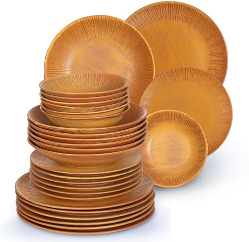 Tafelservice PORZELLAN Geschirrset 24-teilig für 6 Personen | 6x Essteller, 6x Tiefe Suppenteller, 6x Dessertteller und 6x Schüsseln | Hochwertig und Edel in Savannah Ocker
