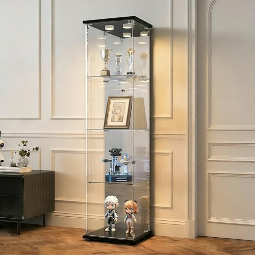 FOERPL Vitrine en Verre trempé, Armoire de Collection Moderne, Vitrine de Rangment sur Pieds avec Porte et Serrure,pour Salon, Bureau, Boutique,Luxe (Miroir,Noir,LED, 4 Couches,1 Porte)
