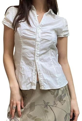 Womens Button Down Basic T-Shirts Cap Sleeve Lapel Collar Tie Back Loose Office Business Shirt Summer Casual Tops (A-White, M)