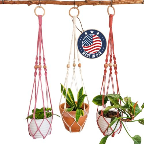 Handmade By Uruba Macrame Plant Hanger Indoor/Outdoor - 3ft Boho Decor Set of 3: Neutral Combo
