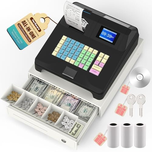 Perfiware Neueste Kasse für kleine Unternehmen mit Checkport Kassenschublade und Quittungsdrucker, elektronische Kassen mit Dual-Display für Kassierer und Kunden, einfach zu bedienende Caja