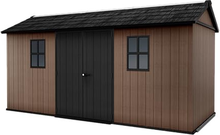 Keter Gartenhaus Newton 7515/1575, Naturholzoptik, Türen und Fenster, schwenkbar, braun, 9 m², 230 x 476 x 246 H cm